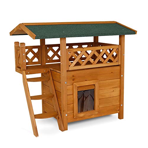 dibea Casa para gatos caseta de madera para gatos con terraza 77x50x73 cm Marrón